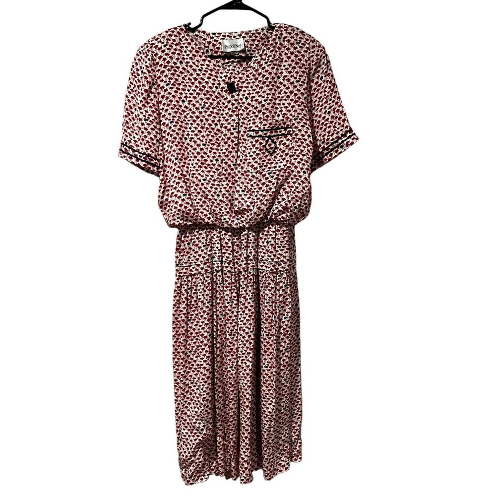 Vintage Patty O'Neil Red Poppy Floral Midi Dress 80s Rayon‎ Cottagecore Sz 12 u1